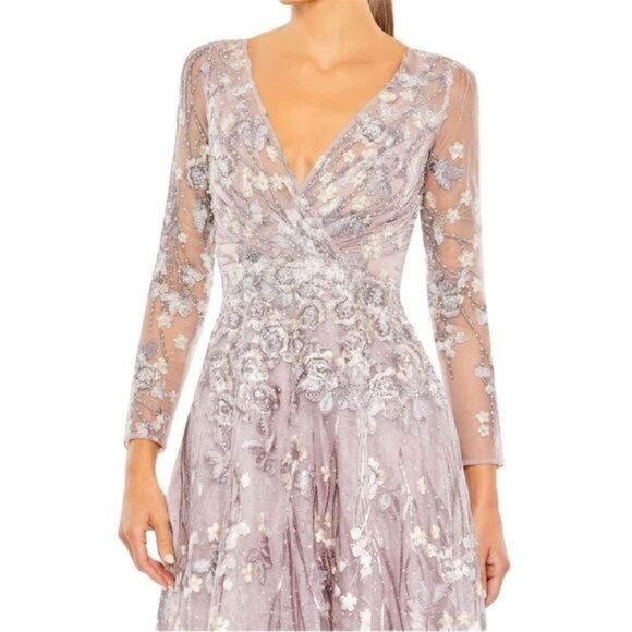 Mac Duggal Dress 20402 Floral Embroidered Long Sleeve Mesh Gown - Picture 3 of 16